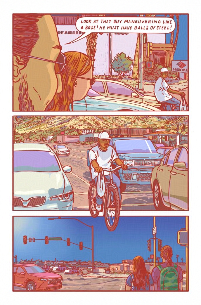 We watch the cyclist weaving his way through traffic